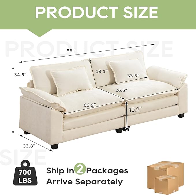 Oprisen 86" Modular Sectional Sofa, Comfy Cloud Couch Sectional Sofa, Chenille Sofa Sleeper Deep Seat Sofa with Throw Pillows for Living Room (Beige White, 86"- Loveseat)