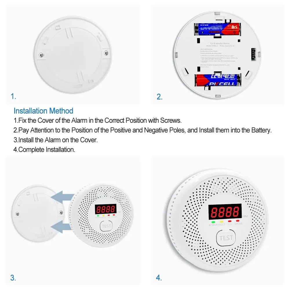 High Definition Color Screen Detector LCD Powered by Carbon Monoxide Detector and Smoke Alarm Battery (excluding Battery) (Compact Design, 4Pack-CO&Smoke)