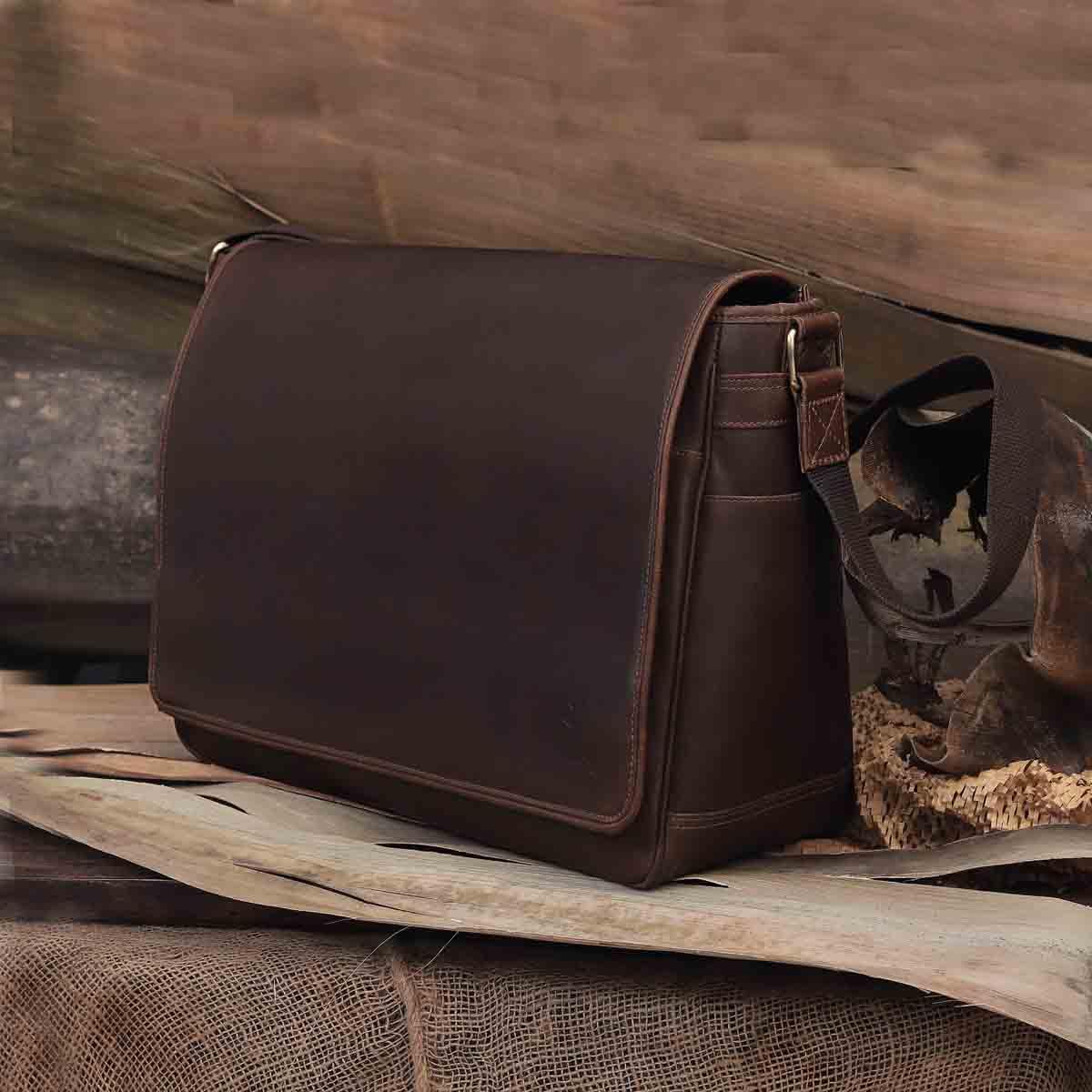 Leather Farm Messenger Bag for Men & Women 15.6 Inch – Premium Vintage Handmade Laptop Briefcase Satchel, Mens Shoulder Crossbody, Genuine Leather Computer Bag with Adjustable Strap Brown