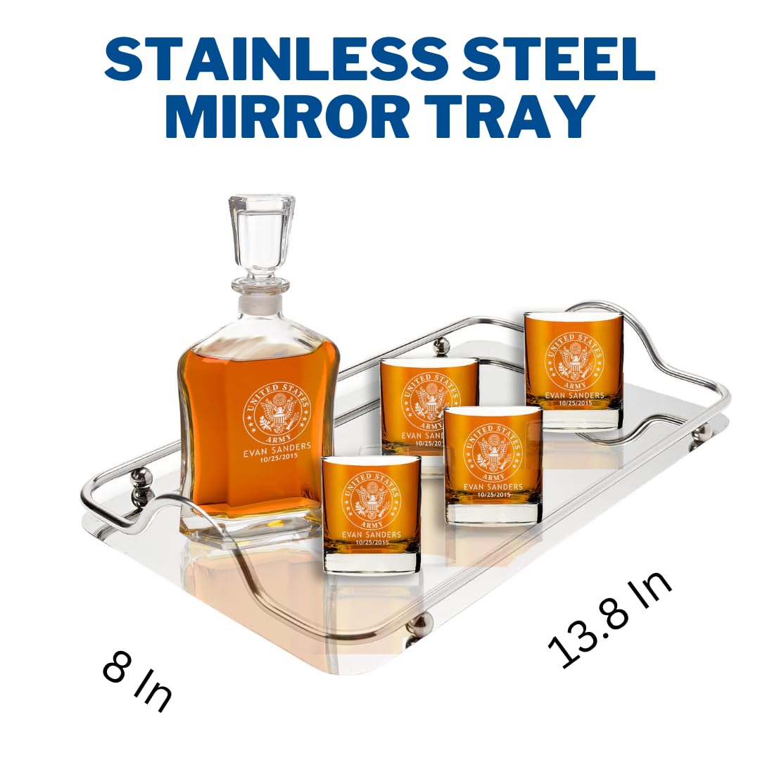 Personalized Military Whiskey Decanter Set - Custom Engraved Decanter & 4 Scotch Glasses - Army, Navy, Air Force, Coast Guard - Active Duty & Veterans