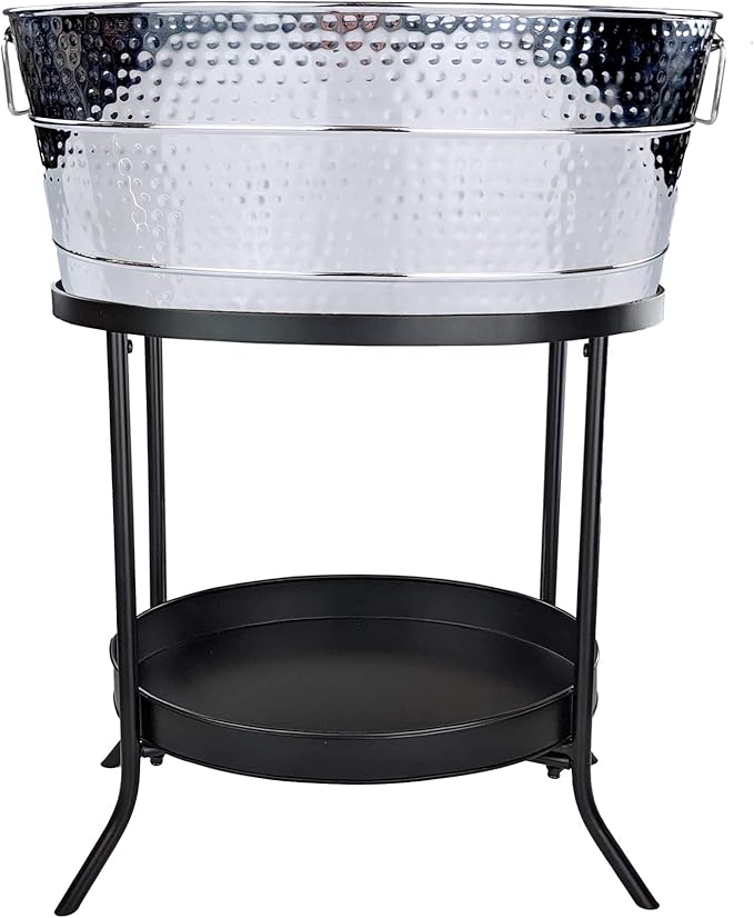BREKX Aspen Hammered Stainless-Steel Beverage Tub, Ice and Drink Bucket with Metal Stand, 25-Quart for Parties