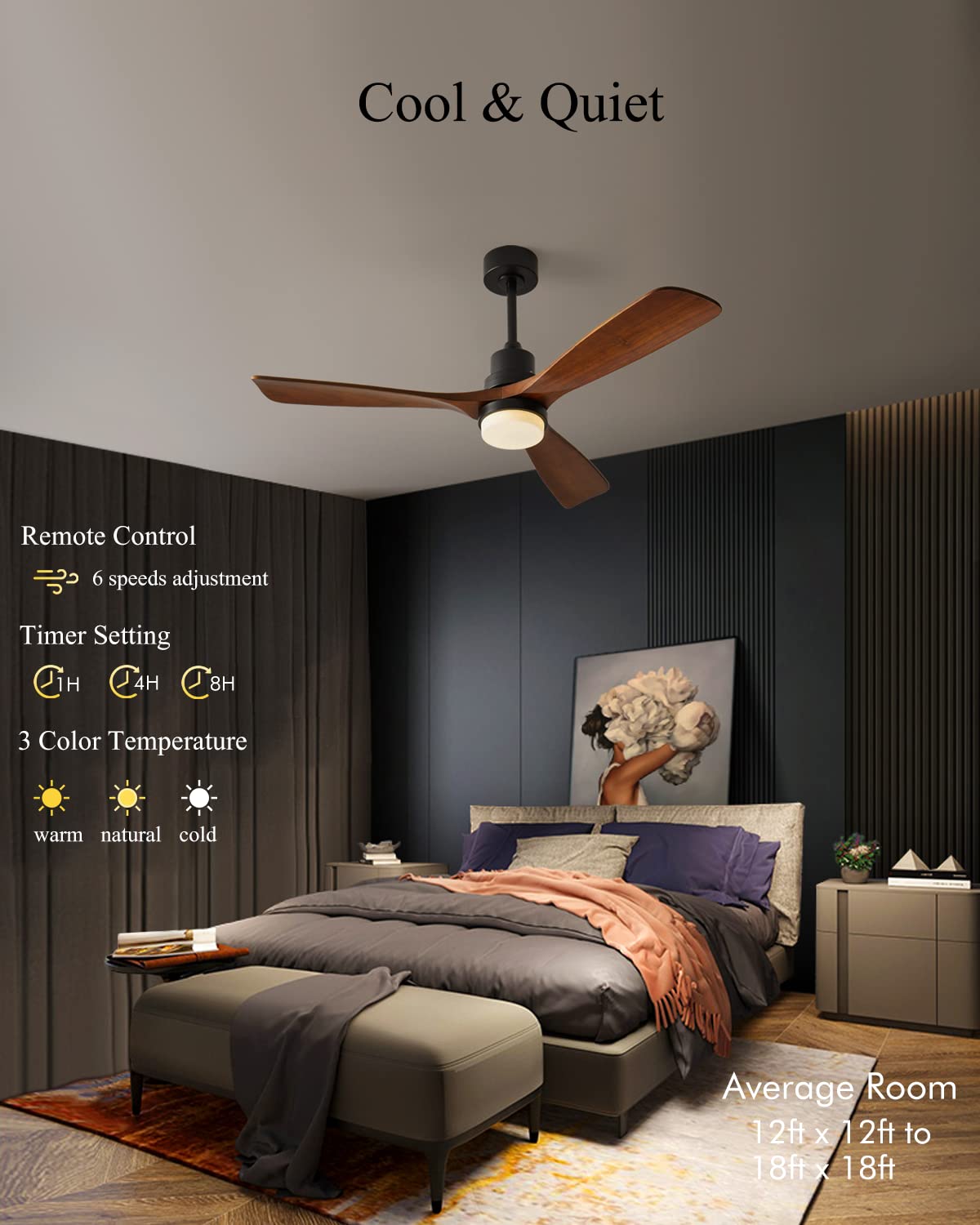 Chriari Modern Ceiling Fans with Lights, 3 Wood Fan Blades, 52" Black with Remote Control, Noiseless Reversible DC Motor for Bedroom/Living Room/Study/Patio