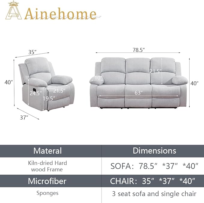 A Ainehome Living Room Furniture Set Microfiber Recliner Sofa Set Loveseat Chair Furniture Sofa Set for Living Room/Small Space/Rv/House/Office/Theater Seating (A-Grey White Microfiber, Sofa+Chairs)