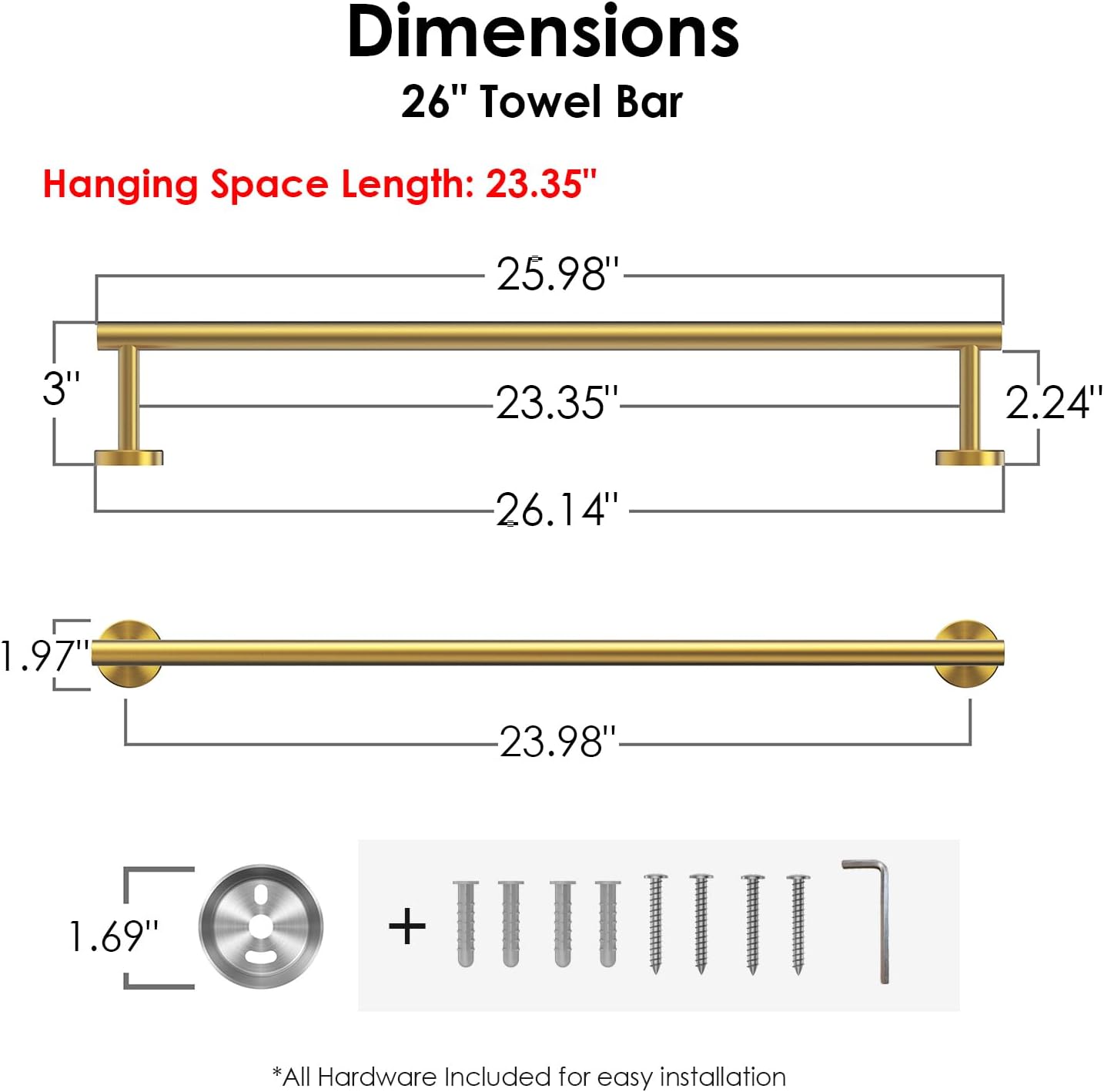 FORIOUS Towel Bar Wall Mounted, Stainless Steel Towel Racks for Bathroom, Includes Wall Mounting Hardware (Brushed Gold, 26 Inch)