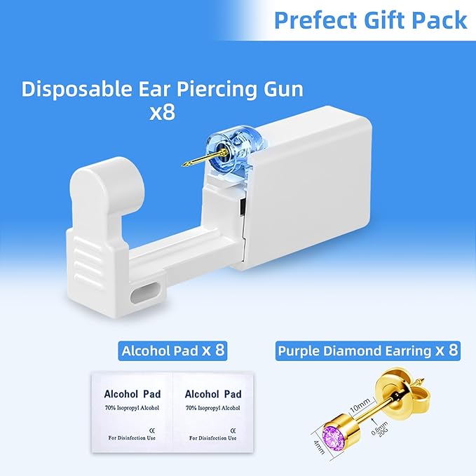 Get the Perfect Ear Piercing with 24 Pcs Premium Ear Piercing Kit - Includes 8 Purple CZ Stones Earrings and 8 Easy-to-Use Self Ear Piercing Gun - Safe and Painless
