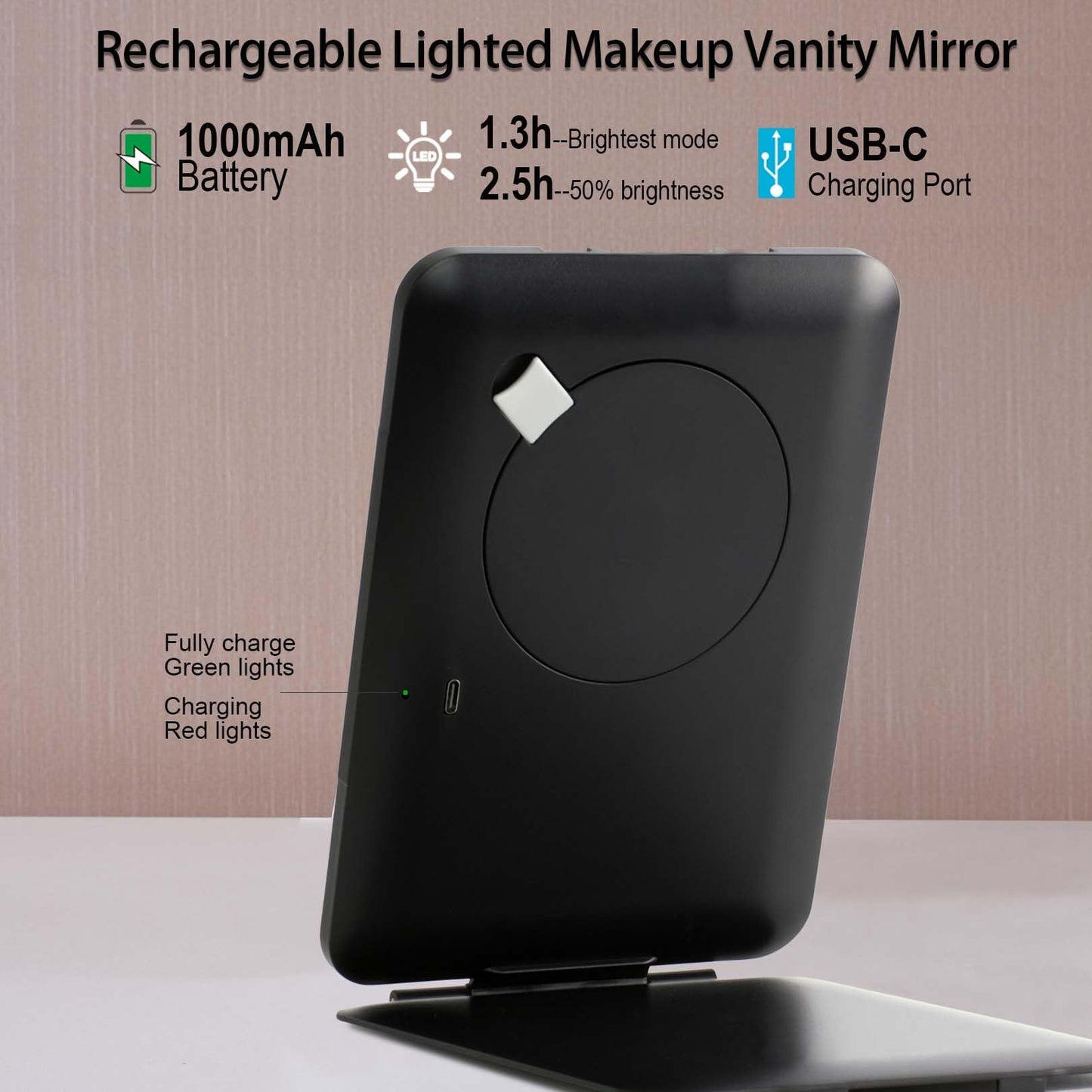 Travel Makeup Mirror with Lights, Rechargeable Portable Lighted Mirror, 3 Color Light Dimmable Touch Screen, 1X Light up Vanity
