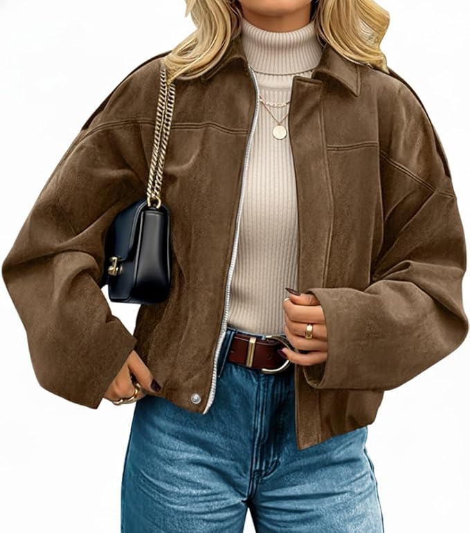 kipfall Womens Faux Suede Jackets Fall Fashion Outfits Coat Winter Clothes Open Front Cropped Jacket