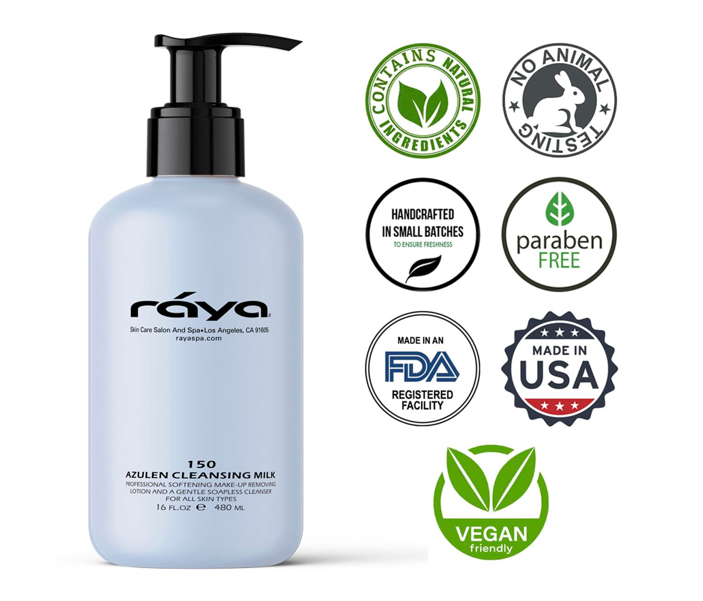 Raya Azulen Facial Cleansing Milk 16 oz (150) | Calming and Refining, Soap-Free Fluid Cleanser and Make-Up Removing Lotion | Mad
