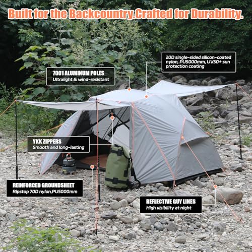 LEQC Stable Windproof 2 Person Camping Tent: 20D SIL-Nylon PU5000 Waterproof Fly, 7001 Aluminum Poles, 4 Guy Lines and 16 ...