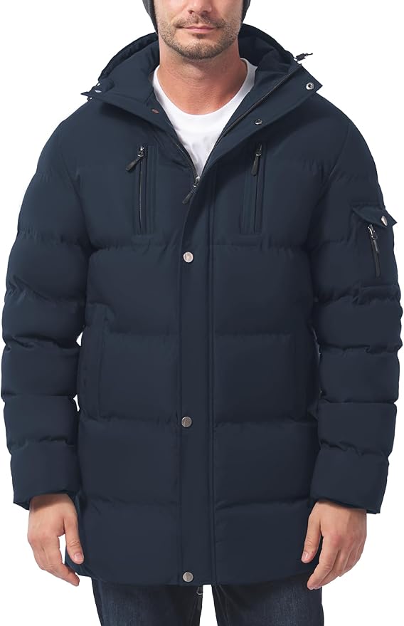 LZACTOIN-X Men's Long Winter Coat Thicken Insulated Waterproof Puffer Jacket Two-Way Zipper Hooded Windbreaker Parka