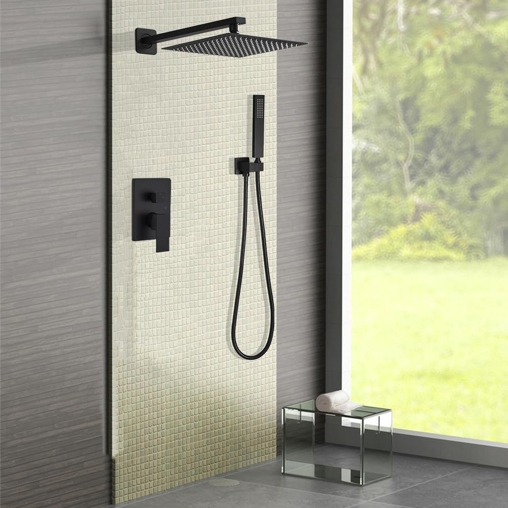 JingGang Matte Black Shower System 12 Inch Bathroom Luxury Rain Mixer Shower Combo Set Wall Mounted Rainfall Shower Head and Handheld System Shower Faucet Set Rough-in Valve Body and Trim Kit