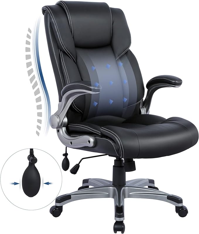 COLAMY High Back Executive Office Chair- Ergonomic Home Computer Desk Leather Chair with Padded Flip-up Arms, Adjustable T...