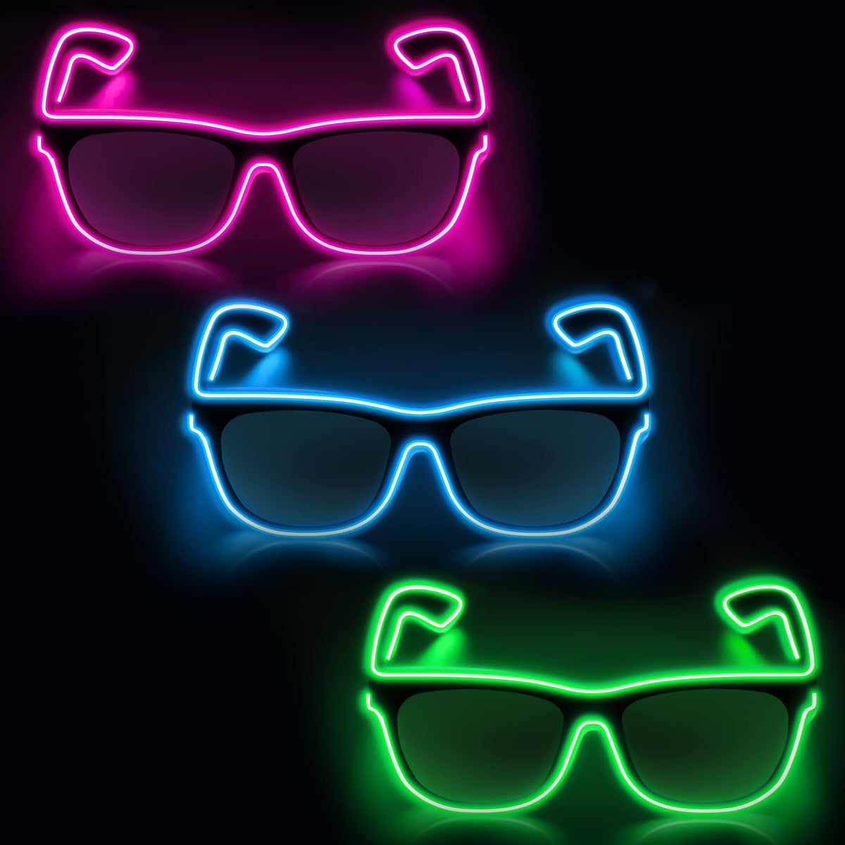 YouRfocus Wired LED Light up Glasses 3 Pack Glow in the Dark Neon Rave Glasses for Rave Party, EDM, Halloween, Christmas, Operated with Battery Power (Blue + Green + Pink)