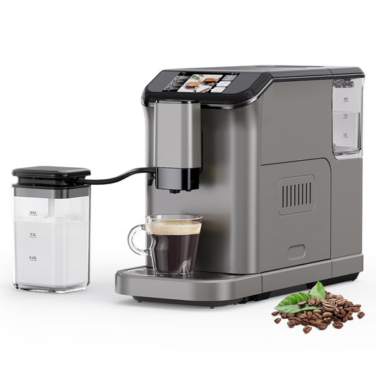 Garvee Fully Automatic Espresso Machine with Built-In Grinder and Milk Frother, 4-Beverage Cappuccino and Latte Maker with Intuitive Touch Display, Gunmetal Finish