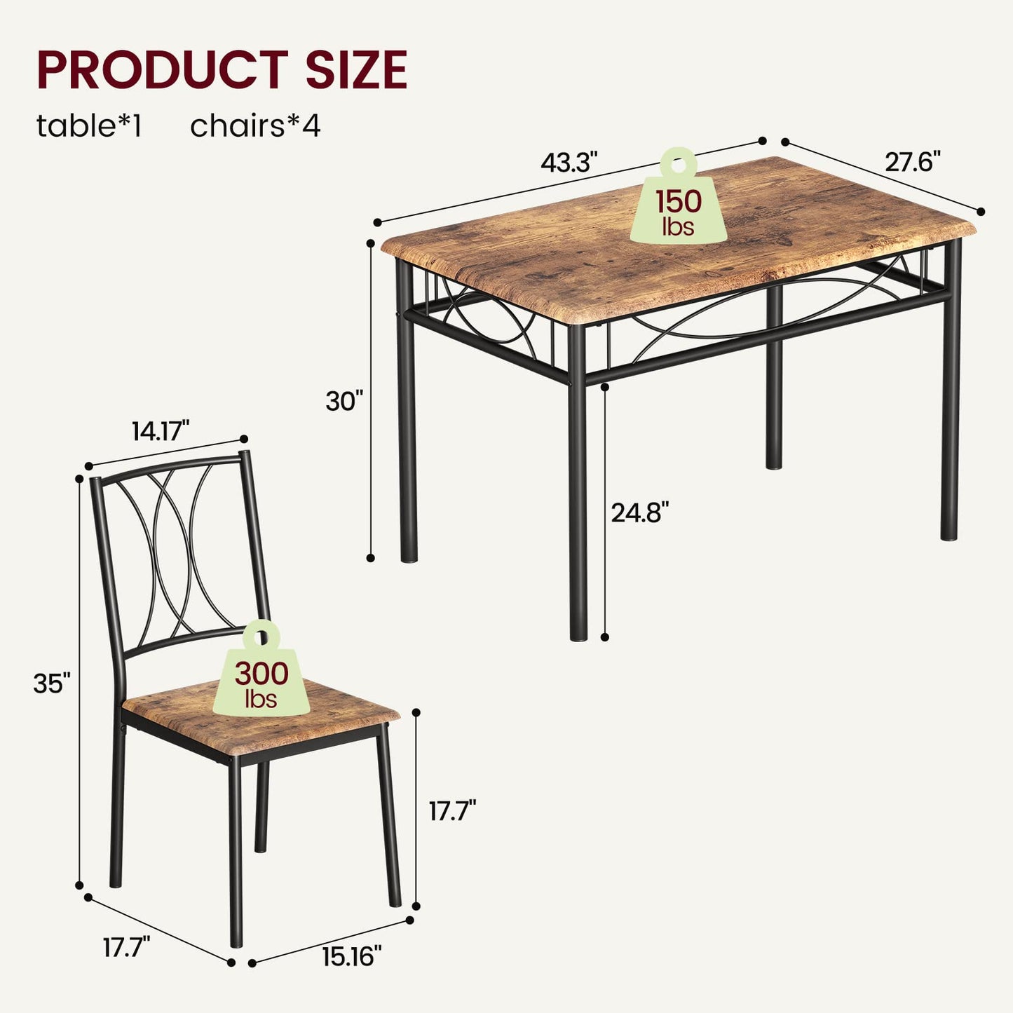 CABIHOME Dining Table Set for 4, Kitchen Table Set with 4 Chairs, Rectangular Dining Table Set for 4, Kitchen Table Set for Apartment, Small Space, Dining Room, Retro Brown