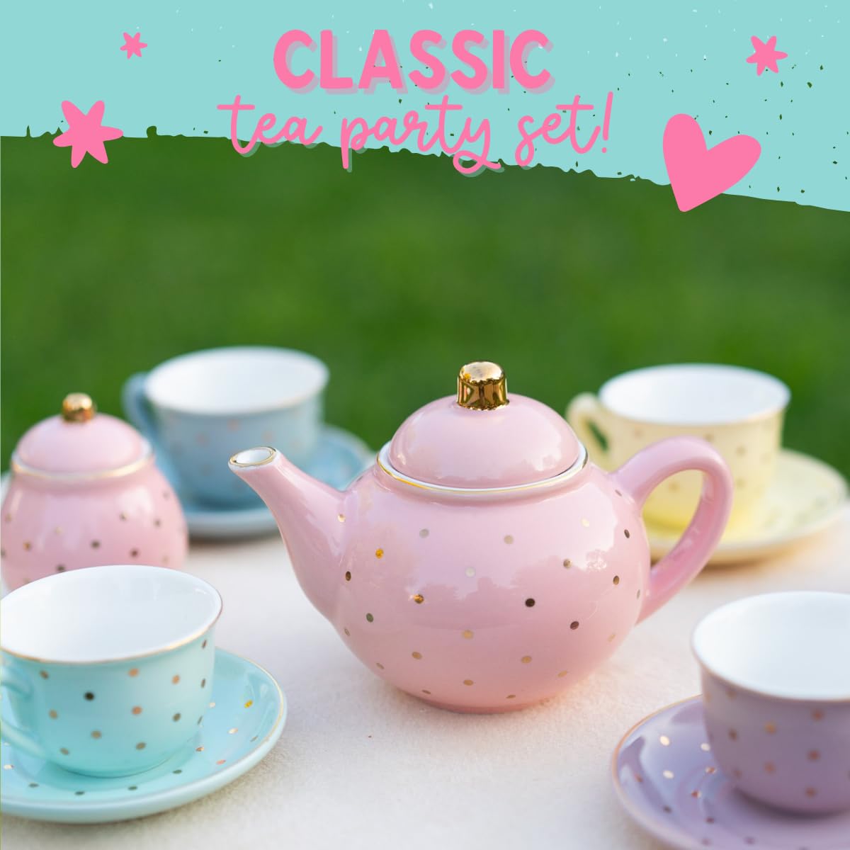 Porcelain Tea Set for Girls - Pastel with Gold Polka Dot Tea Party Set for Kids I Complete Children Tea Sets with Carry Case, Birthday Gift for Little Girls & Toddlers