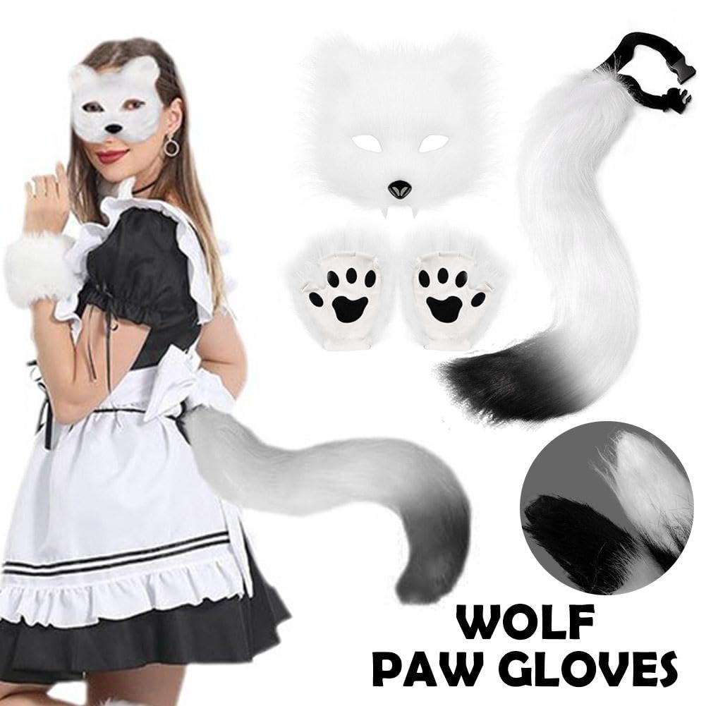 Faux Fur Cat Wolf Mask Tail and Gloves Set Furry Paw Gloves Costume Cosplay Animal for Halloween Christmas Party