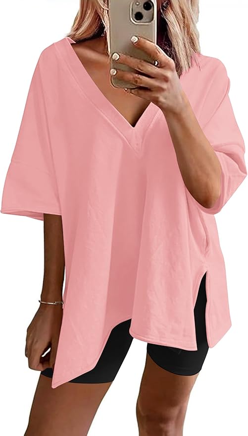 Ekouaer Womens Pajamas 2 Piece Lounge Sets Oversized V Neck T-Shirts Tops Biker Shorts Set Workout Reversible Tracksuit S-XXL