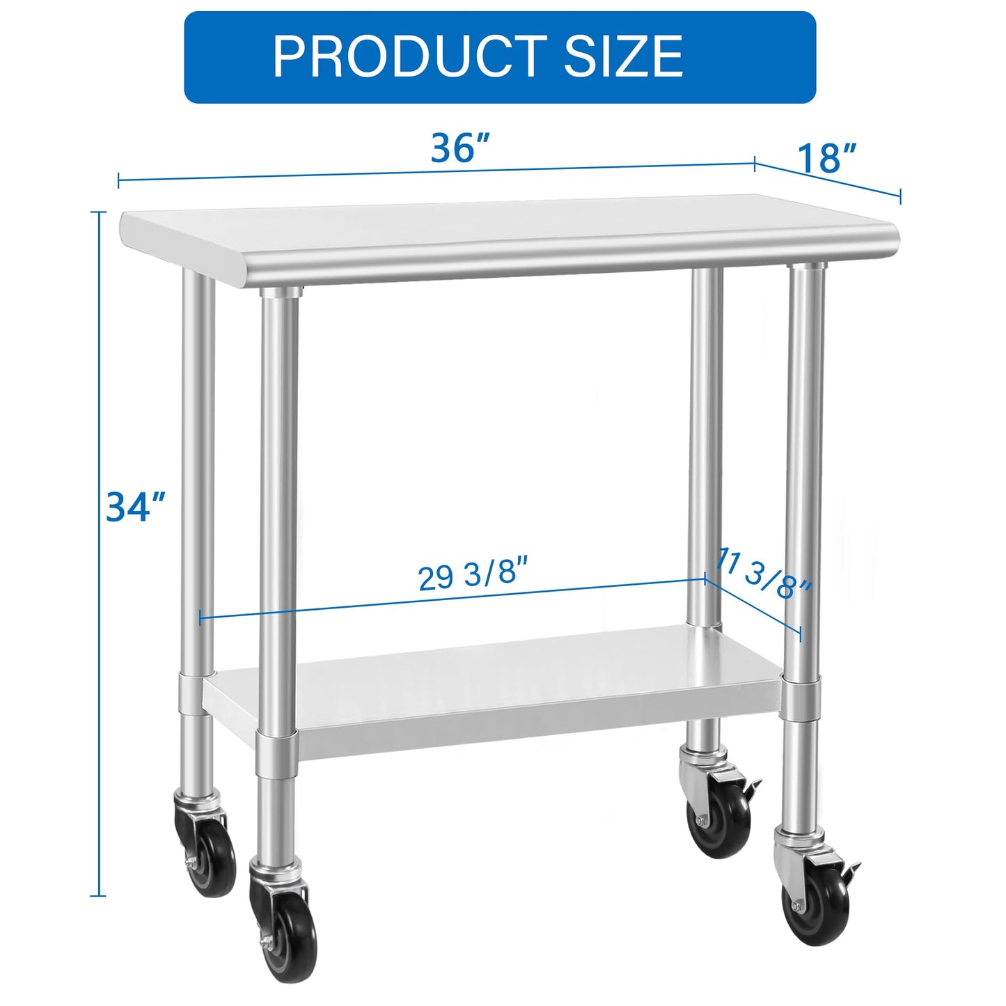 HARDURA Stainless Steel Commercial Table Prep & Work Table with Casters Heavy Duty Metal Table with Wheels NSF 430 18×36 Inches