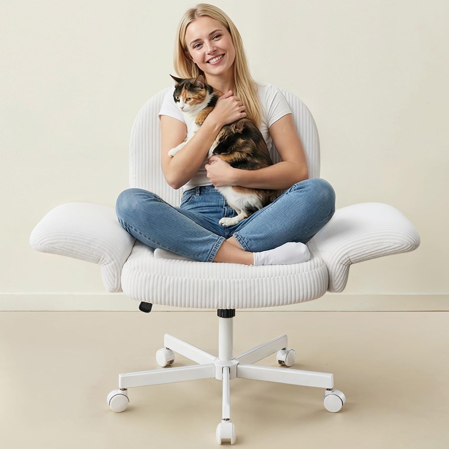 HUANUO Criss Cross Office Chair for Women, Cross Legged Desk Chair with Adjustable Armrests, Soft Corduroy Fabric for Small Spaces, Petite Home Office Computer Chair for Girls, White