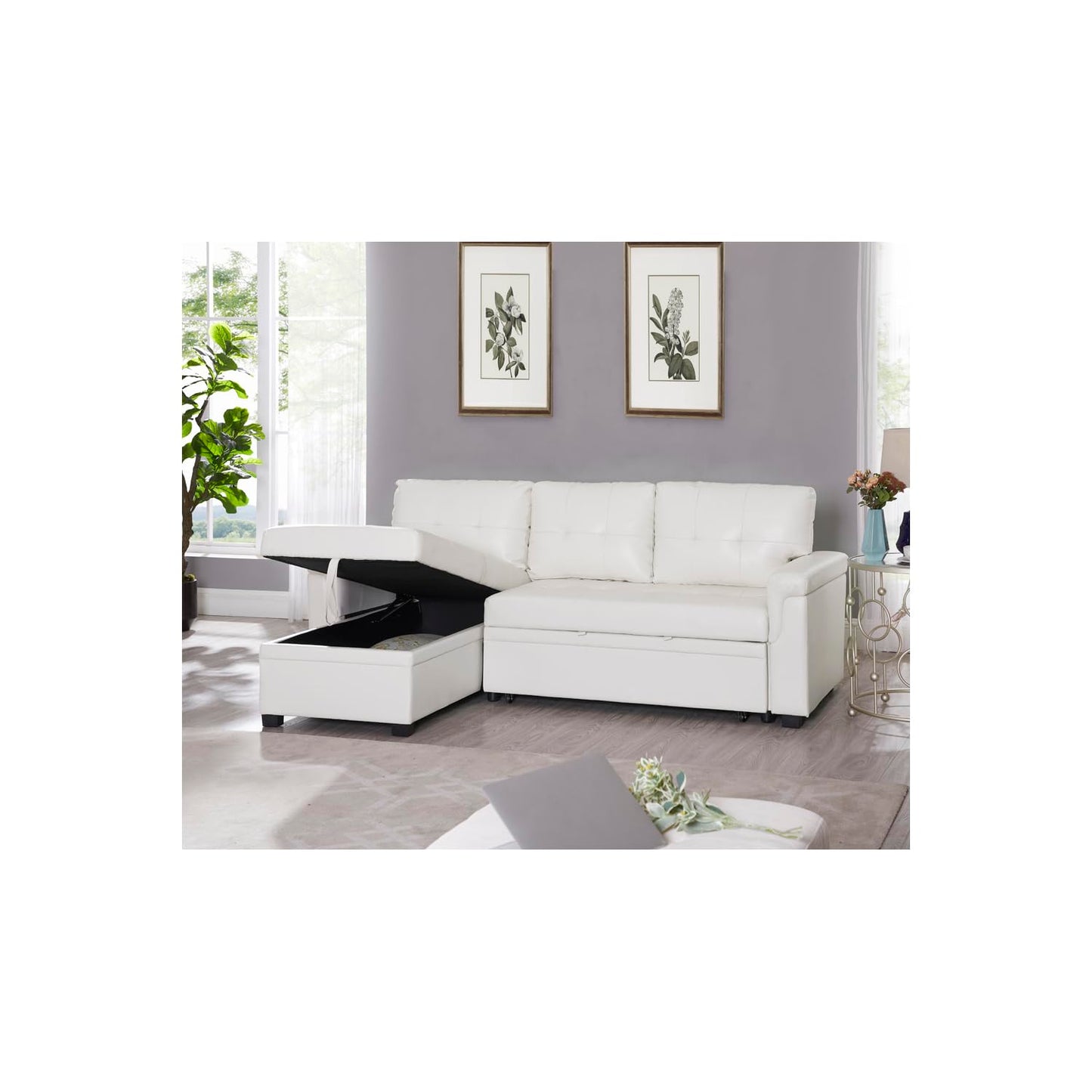 Naomi Home Transform Any Space: Sleeper Sectional Sofa with Convertible Sofa Bed & Inviting Chaise. Find Tranquil Comfort with Stress-Relieving Design & Durable Cushions - White/Air Leather