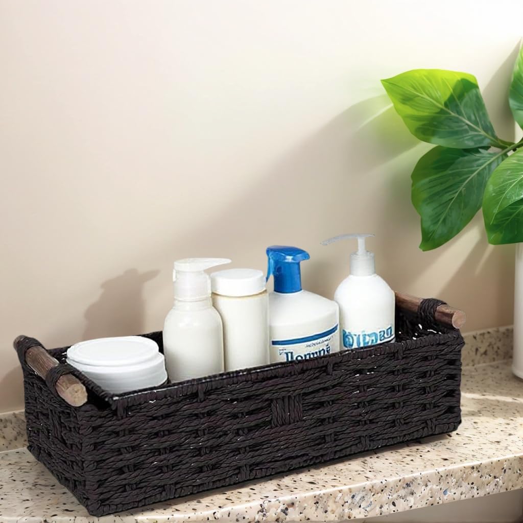 Rattanzenith Black Paper Rope Storage Basket with Wooden Handle – Handwoven Decorative Wicker Basket for Organizing Toilet Tank, Countertop, Cosmetics & Toilet Paper – 1PC