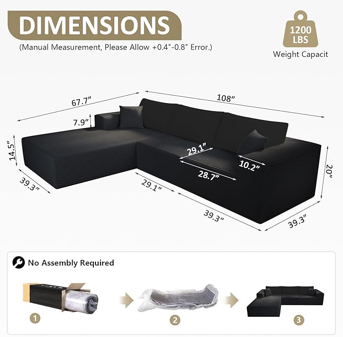 L-Shape Modular Sectional Sofa 108" — Cloud Couch Style 3-Seat Oversized Upholstered Sectional for Living Spaces No-Assembly