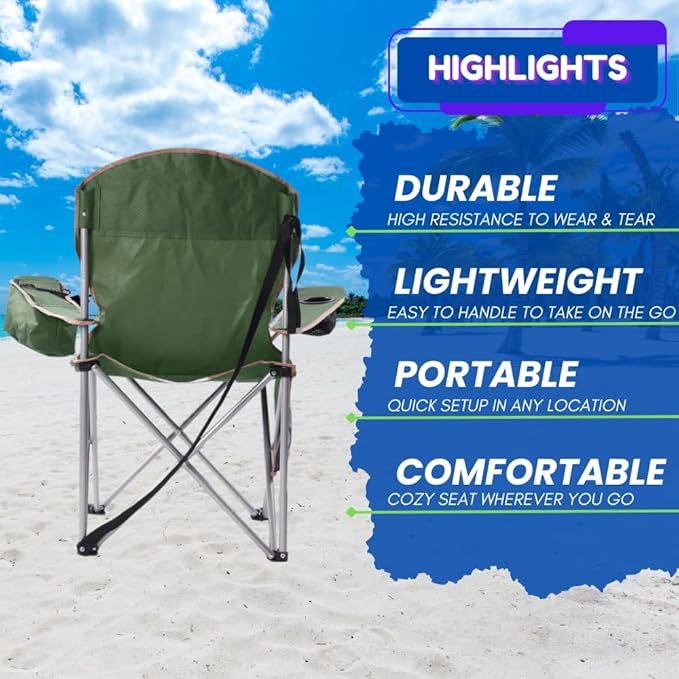 EZONE 2-Pack Camping Chairs with Built-in Ice Cooler, Portable Chair, Storage Pocket, Cup Holder, and Carry Bag Perfect for Camping, Tailgating, Fishing, Beach, and Lawn (2, Olive Green)