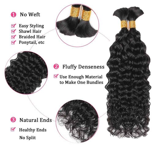 Human Braiding Hair 2 Bundles 100g 26Inch Water Deep Wave Bulk Human Hair for Braiding No Weft Braiding Hair Bulk Curly Human Hair for Boho Braids 12A Brazilian Virgin Hair Extensions Natural Color