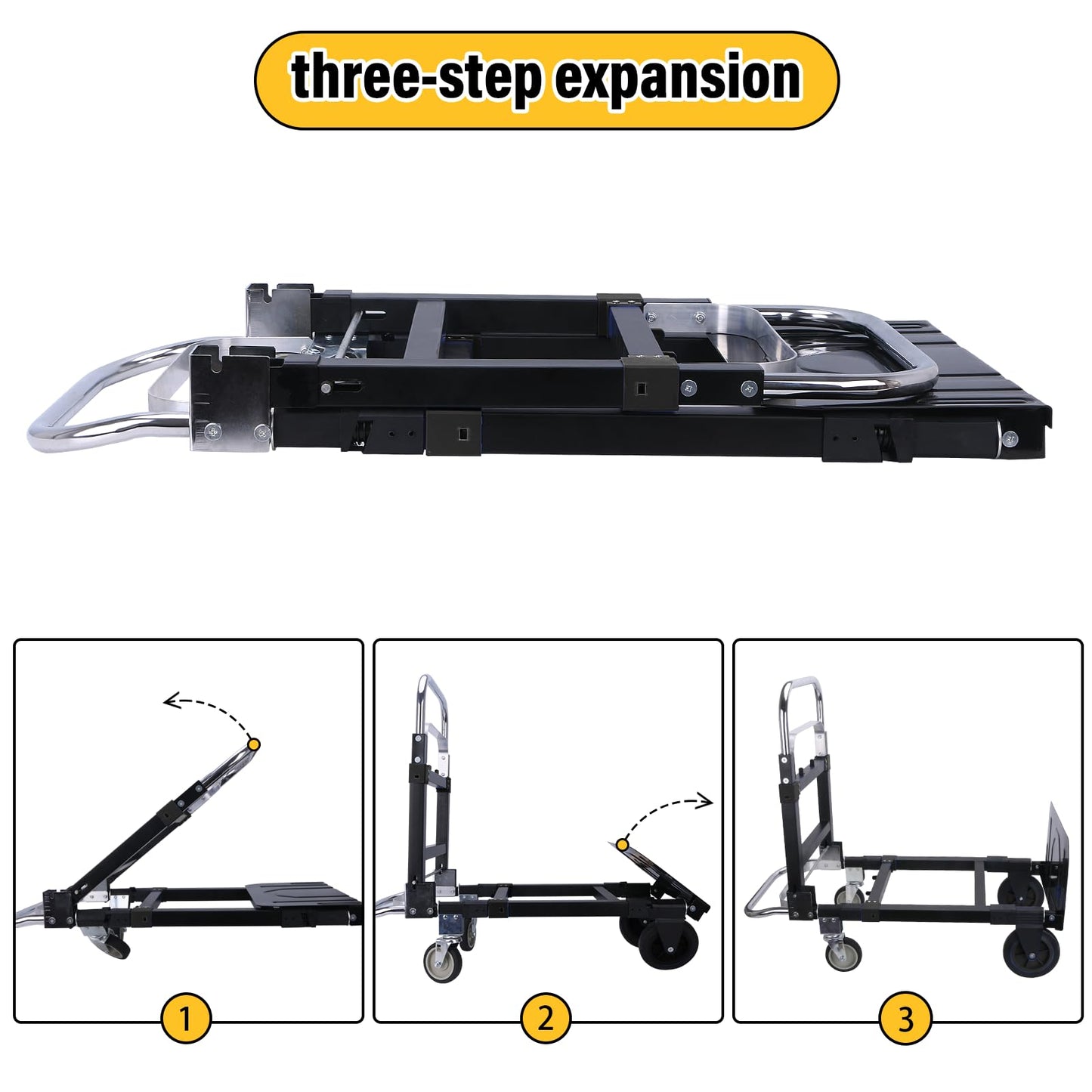 Upgraded 3 in 1 Folding Hand Truck, 600lbs Capacity, Heavy Duty Convertible Dolly with Retractable Handle and 4 Rubber Wheels, Collapsible Cart for Moving Home, Office, Warehouse (Black)