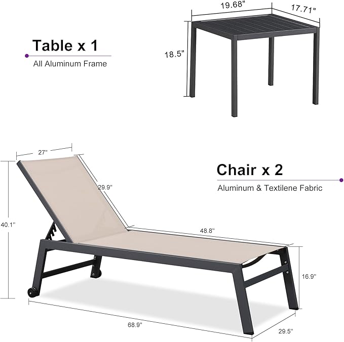 PURPLE LEAF Outdoor Chaise Lounge Set for 2 Oversized Pool Lounge Chairs with Easy-to-Move Wheels and Adjustable Backrest Extra Large Patio Loungers for Poolside Deck Beach Table Included, Sand Beige