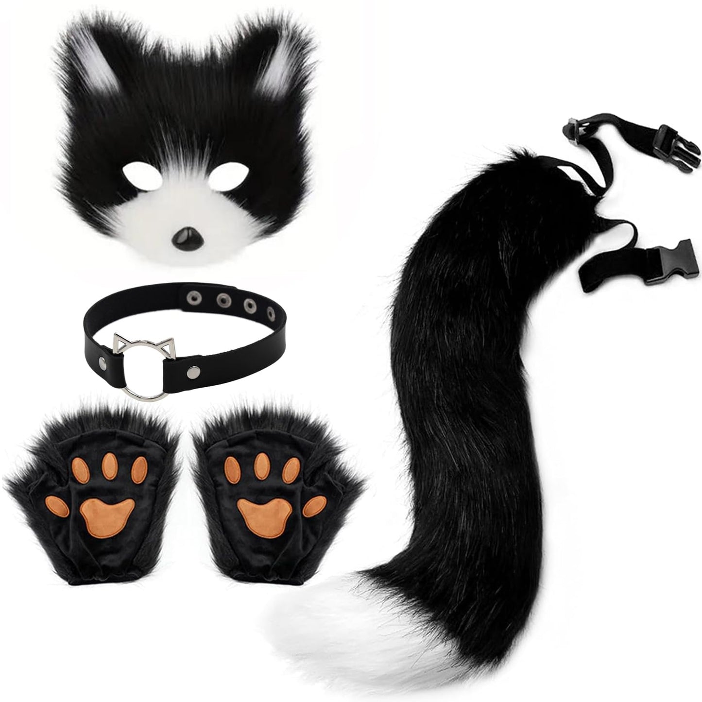 Mifhnby Faux Fur Fox Tail Wolf Cat Mask Paw Gloves Leather Necklace Set Halloween Christmas Party Cosplay Costume (black White)