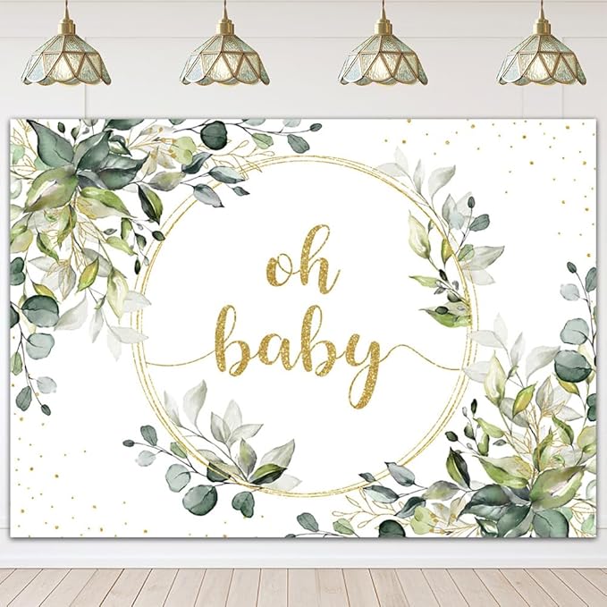 Mocsicka Greenery Baby Shower Backdrop Gold Oh Baby Background Green Eucalyptus Baby Shower Party Cake Table Decoration Ba...