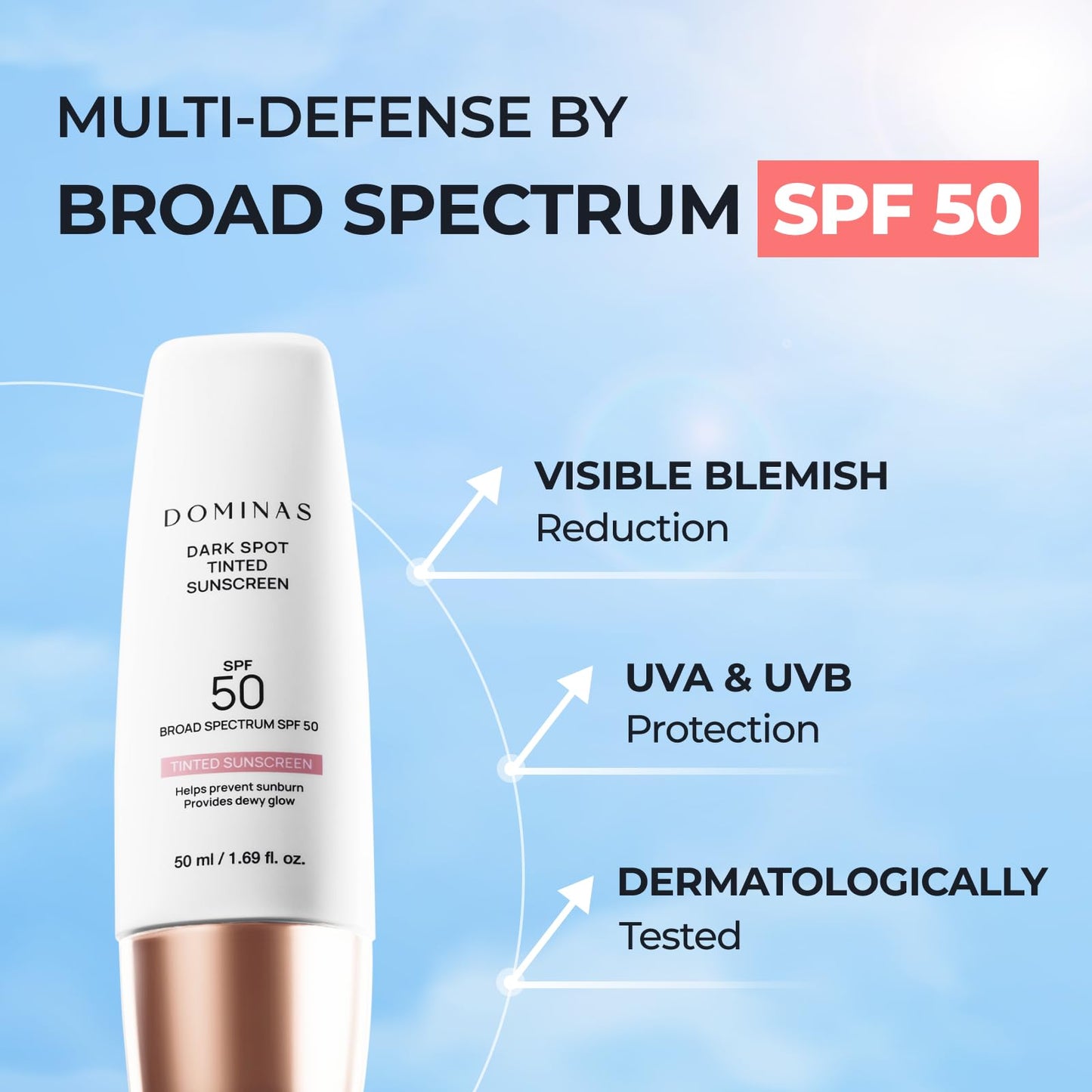SPF 50 DOMINAS Tinted Sunscreen Moisturizer (1.7fl oz) - Tone Correction, Korean Skin Care, Broad-Spectrum UV Defense Sunblock,