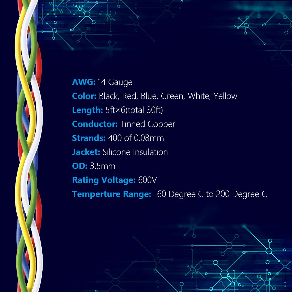 Fermerry 14 AWG Stranded Wire Spool 5ft Each 6 Colors Flexible 14 Gauge Silicone Hook up Wire Kit Electrical Tinned Copper Wire