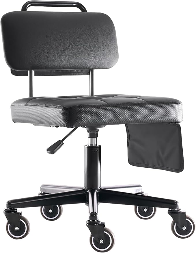 WUDOYO Adjustable Rolling Shop Stool with Tool Bags, Black Padded Seat, TPE Wheels, Real Backrest, Easy Handrail (Bending Work Seat Height(16-21"))