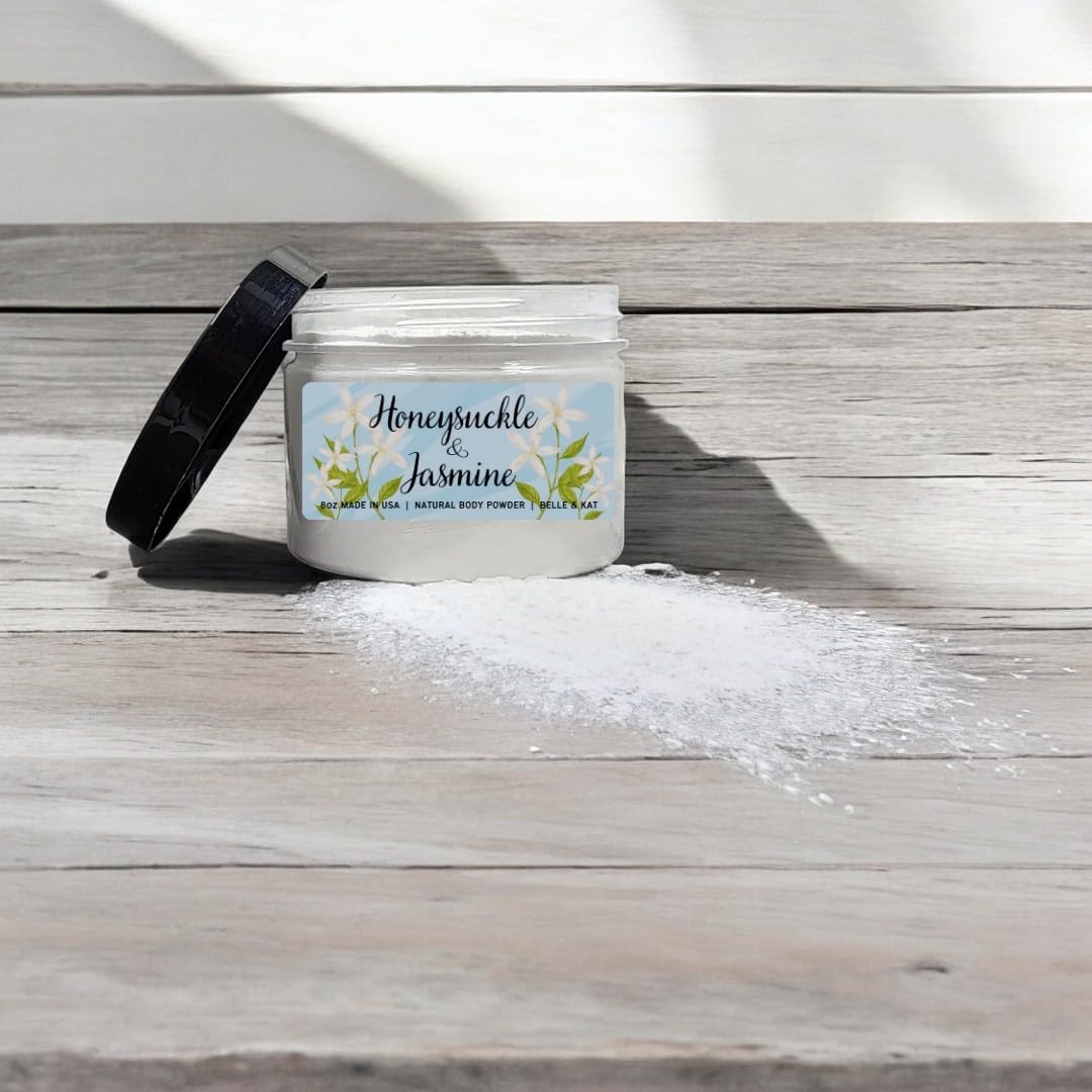 Honeysuckle Jasmine Scented Body Powder for Men & Women, Bath Perfume Dusting Powder with Fragrance & Essential Oils, Talc Free 8oz Container, Made in USA