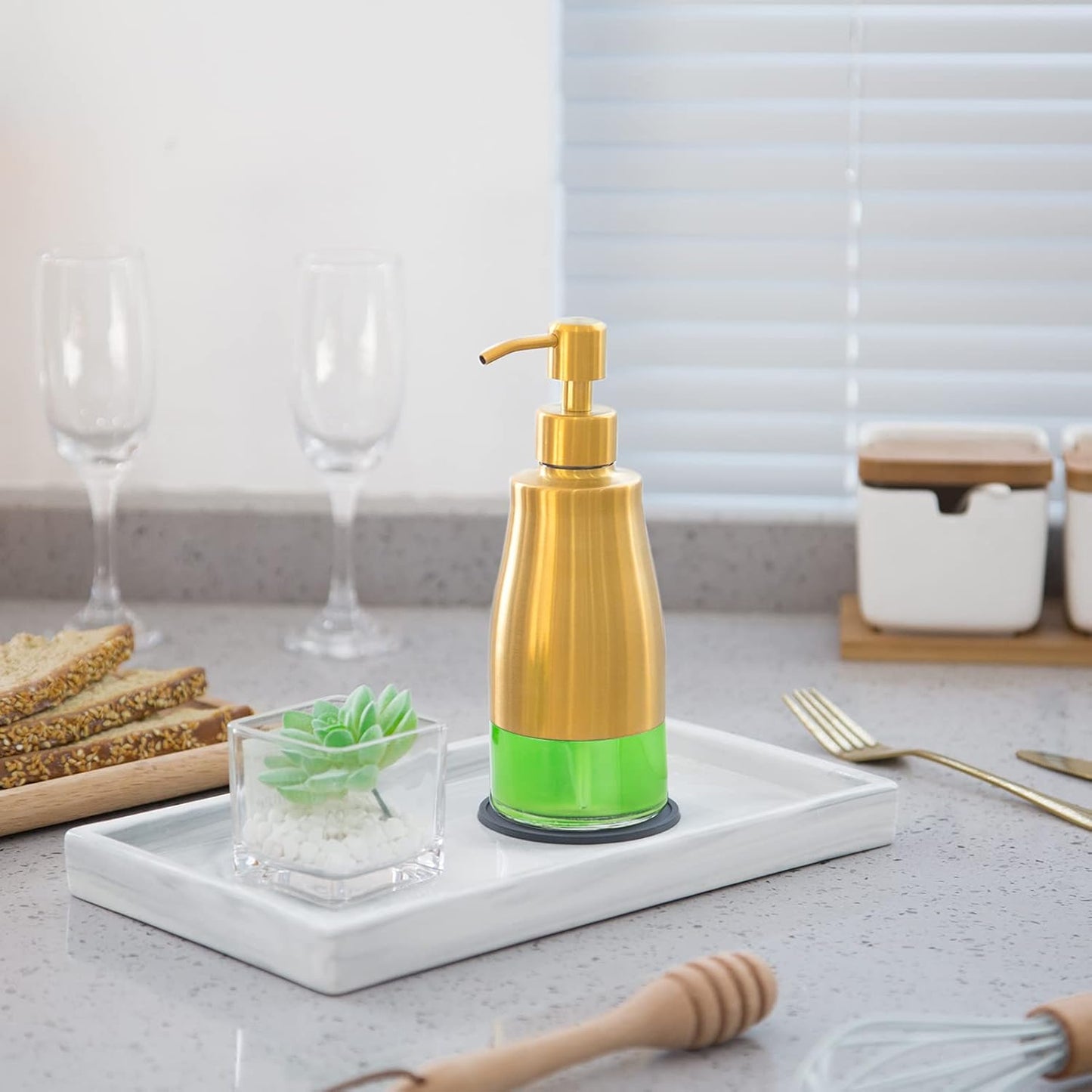 Gaussra Soap Dispenser with Coaster and Stickers, Brushed Gold Stainless Steel Glass Hand Pump Dispenser, Anti Rust Bottle, for Kitchen & Bathroom Detergent Bottle，Refillable Hand Liquid Dispenser