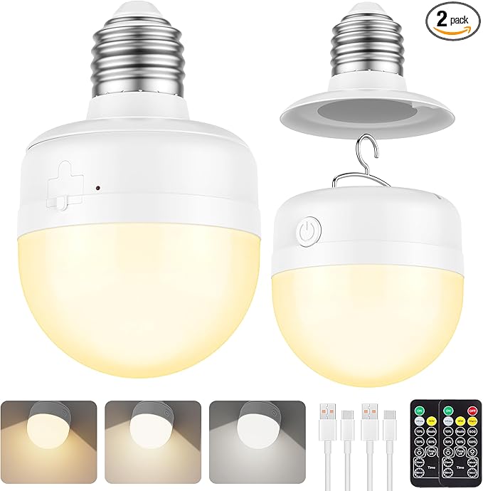 2Packs E26 Rechargeable Magnetic Light Bulbs with Remote and Hook, 10W 900LM Battery operated Emergency LED Bulb 3500mAh, Portable Large Camping Tent Lamp for Home, Hurricane, Power Outage & Outdoor