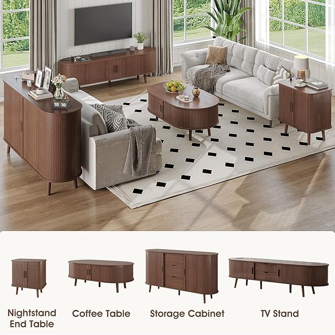 Alohappy 59" Mid Century Modern TV Stand with Charging Station, Curved Edge Fluted TV Media Console Table with Drawer and Shelf, Farmhouse Entertainment Center for Living Room, Bedroom, Walnut