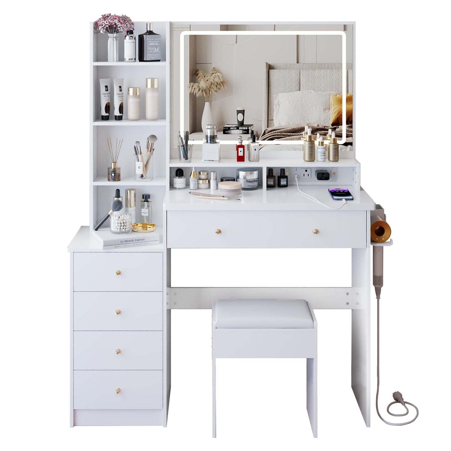 ESENATI Vanity Desk with Mirror and Lights,Makeup Vanity with Power Outlet,Hair Dryer Rack,5 Drawers,Storage Shelves,3 Light Modes Adjustble Brightness,Dressing Table with Stool for Bedroom,White