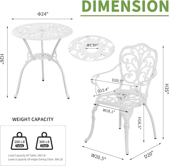 Withniture Patio Bistro Sets 3 Piece,Cast Aluminum Bistro Table and Chairs Set of 2 with 1.97" Umbrella Hole,All Weather Bistro Table Set Outdoor Patio Furniture for Garden,Yard(Butterfly White)