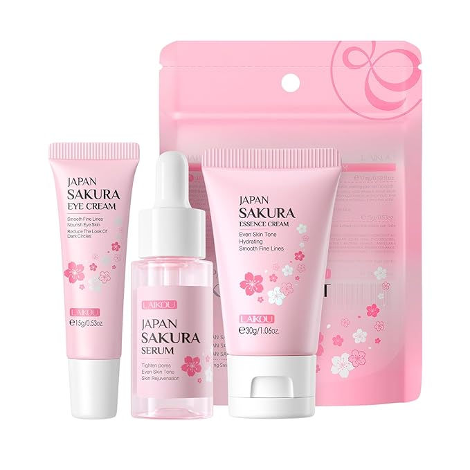 LAIKOU Skin Care Set JAPAN SAKURA Beauty Gift Sets Skin Care Kit with Serum, Eye Cream, Face Cream Travel Kit for Women Wife Mom Teen Girls TSA-friendly Sizes Christmas Gift 3pcs