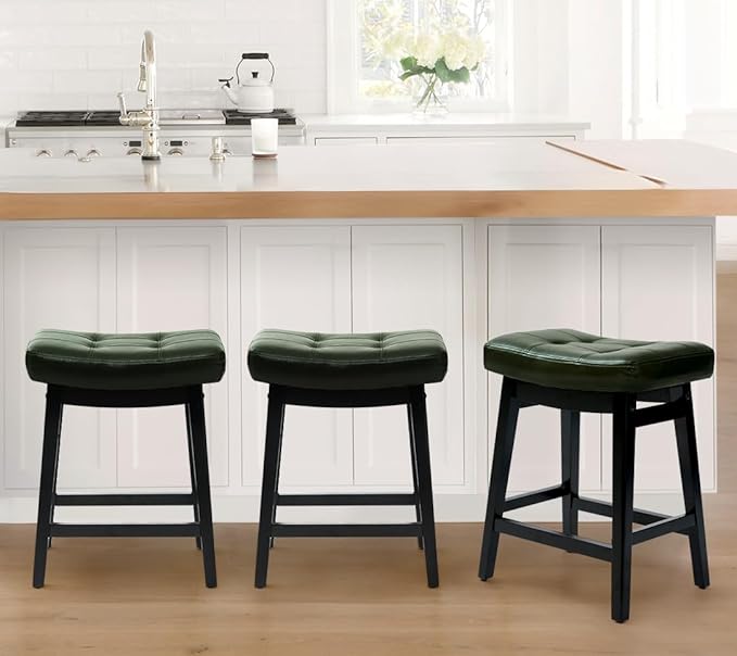 RNKSFX Counter Height Bar Stools Set of 3 for Kitchen Counter Farmhouse Modern Barstools with Faux Leather Upholstered Backless Seat and Solid Wood Legs 24 inch Bar Chairs, Green + Black