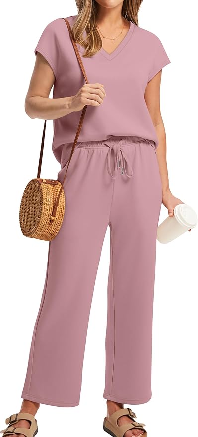 Saloogoe Two Piece Sets for Women Summer Outfits Lounge Sets V Neck Tops Wide Leg Pants Woman Vacation Travel Outfits