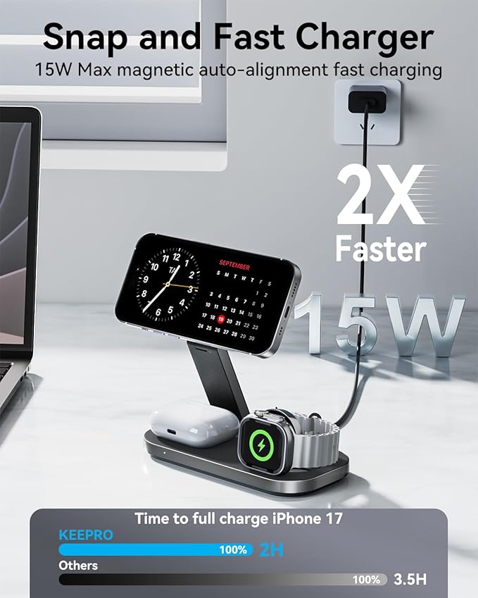 3 in 1 Wireless Charging Station for Apple Devices, Magnetic Foldable Fast Charger Stand Compatible with MagSafe for iPhone Air/17/16/15/14/13/12 Series, Apple Watch & AirPods Pro/4/3/2