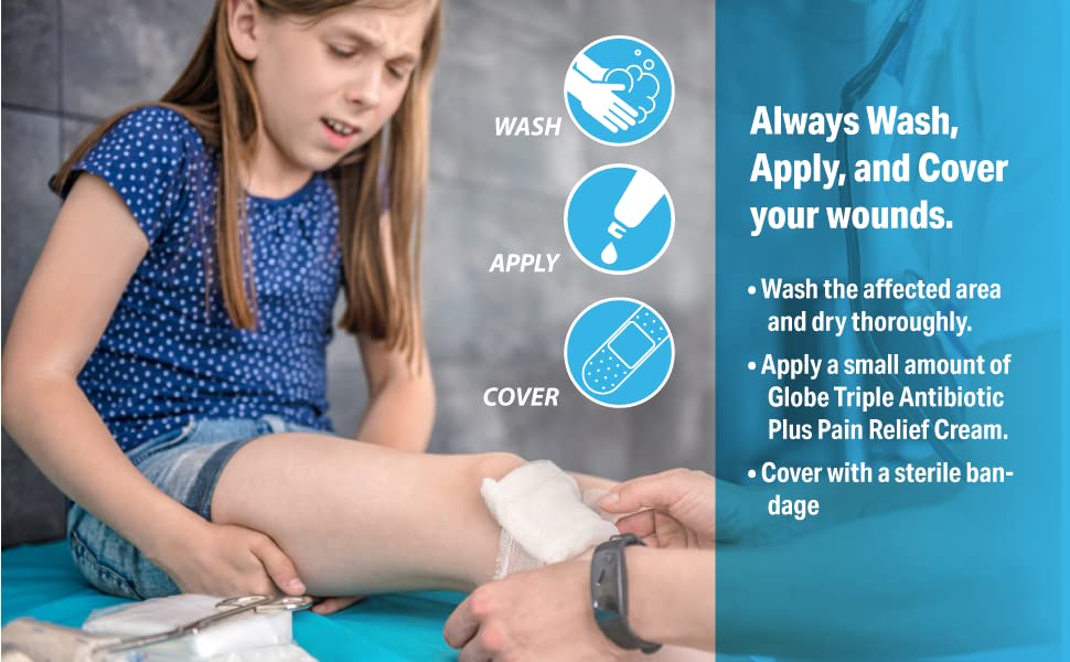 (4 Pack) Globe Dual Action First Aid Antibiotic Cream + Pain Relief, Neomycin, Polymyxin B, Pramoxine HCl, Soothes Painful Cuts, Burns and Scrapes, 24 Hour Infection Protection