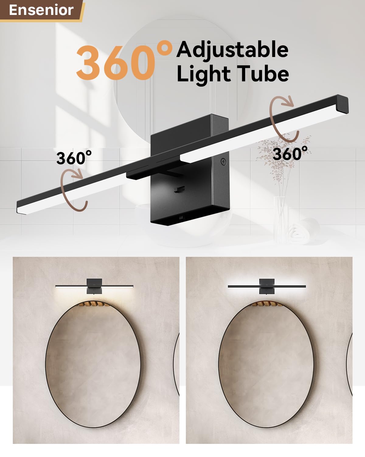 Ensenior Modern Vanity Light, Built-in Dimmer, 24 inch Led Light Fixture Over Mirror, Dimmable 5CCT, Black Bar Light Fixture for Mirror, Bedroom - FCC Certified
