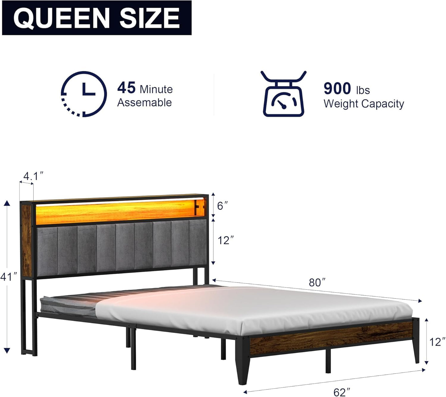 FSJianYi Queen Metal Bed Frame with Charging Station, LED Lights Headboard, Strong Metal Slats Support No Box Spring Needed Noise Free (Queen (U.S. Standard))