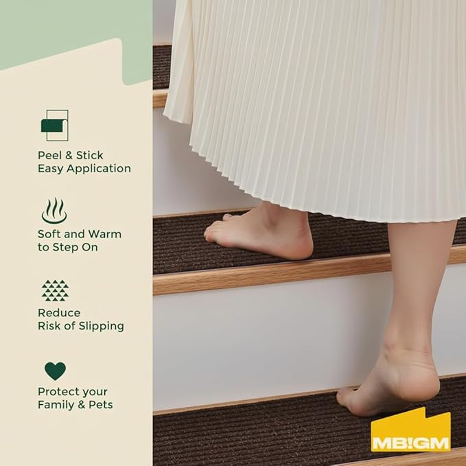 MBIGM 8" X 30" (15 in Pack) Nonslip Carpet Stair Treads Non-Skid Safety Rug Slip Resistant Indoor Runner for Kids Elders & Pets with Reusable Adhesive - Brown - Non Slip Stair Treads Indoor